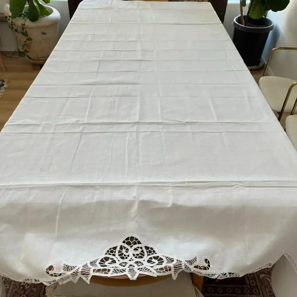 Vintage White Battenburg Lace Cotton Applique Cutwork Embroidery Flat Full Sheet